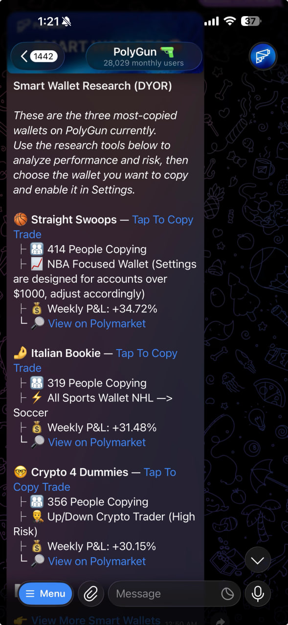 Copy trading on Polymarket via PolyGun bot